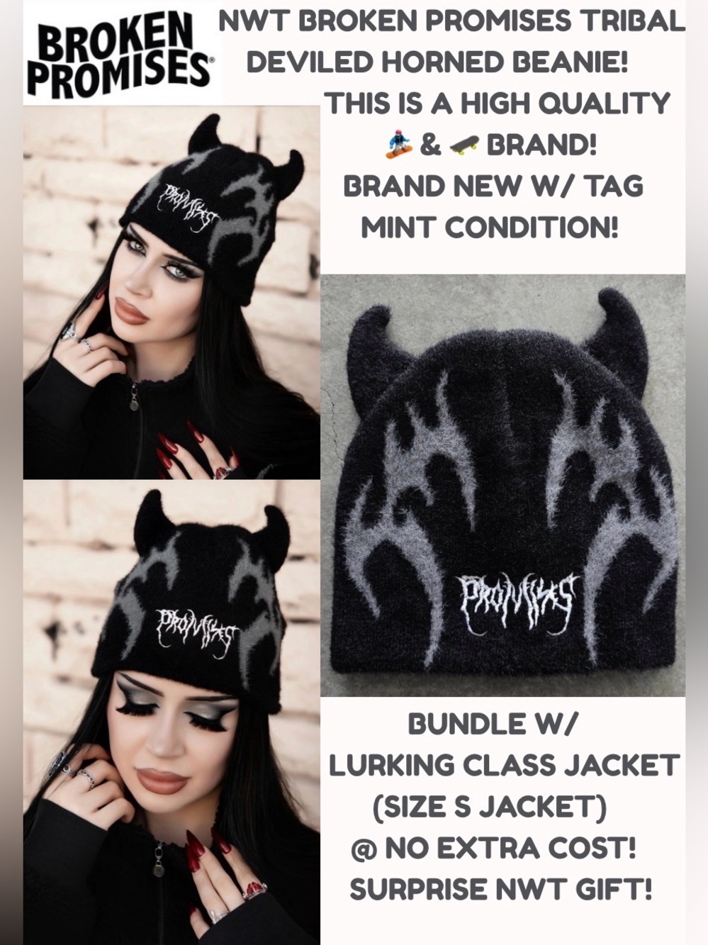 NWT BROKEN PROMISES DEVIL HORN BEANIE! ONE SIZE! MINT! 5 ⭐️’S! TRIBAL DESIGN!